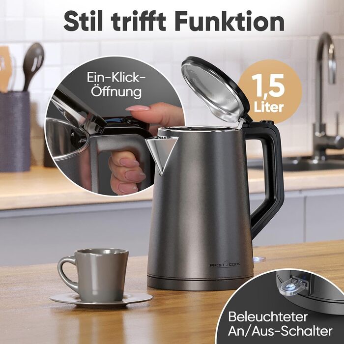 Електричний чайник ProfiCook PC WK 1290: 1,5 л, 2200W, подвійні стінки, нержавіюча сталь, збірна база з обмоткою кабелю