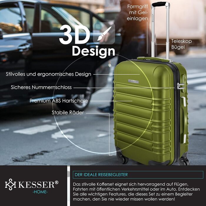 KESSER® 3-Piece Hard Shell Luggage Set - Hard Shell Suitcase - Trolley Case - Travel Suitcase - Luggage Set - Rolling Suitcase - Lock - 4 Wheels - ABS Hard Shell - Telescopic Handle - M-L-XL (Khaki)