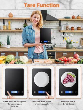 Кухонні ваги QEANY 15 кг з LCD дисплеєм, перезаряджувані, з функцією тарування, 5 одиниць вимірювання, батареї в комплекті