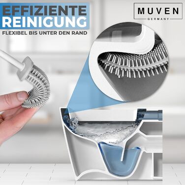 Силіконова щітка для унітазу MUVEN® з плоскою та гнучкою насадкою, швидковисихаючий тримач та гумові виступи - щітка для унітазу на стіну без свердління (білий, матовий)