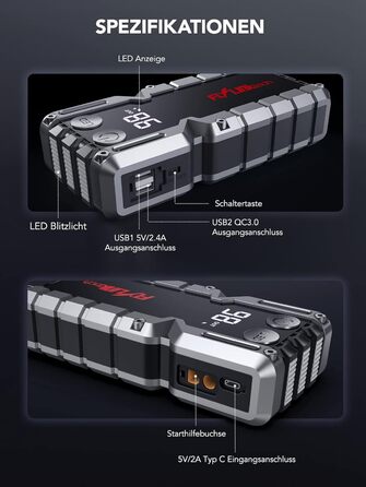 Powerbank Flylinktech CF900 для автозапуску з LCD-дисплеєм, 7000A, LED-ліхтарик, USB 3.0 (до 9.0L бензин/8.0L дизель)