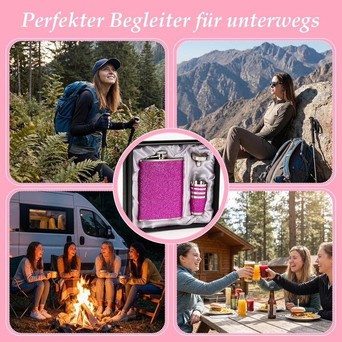 Персоналізований набір фляг 8oz з гравіюванням – фляга з нержавіючої сталі, 4 склянки, воронка та подарункова коробка для дружків, подарунок на весілля для чоловіків та жінок (Рожевий)