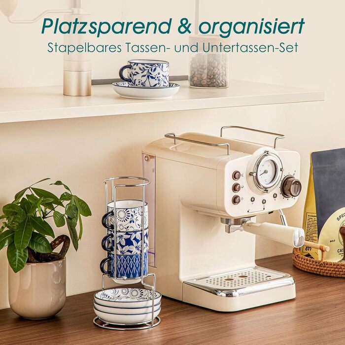 Набір чашок для еспресо Vancasso Selene, 4 шт. - порцелянові чашки з блюдцем та підставкою для капучино, лате, чаю (9.6 x 5.6 см)