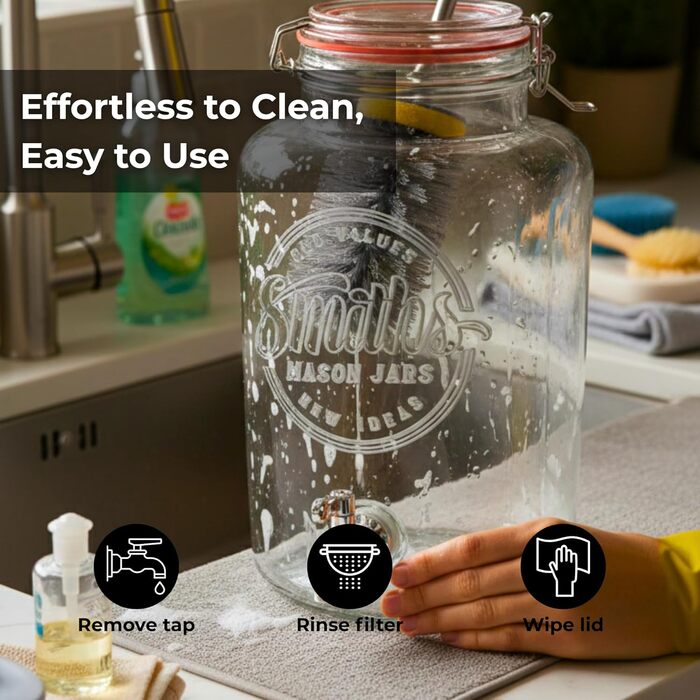 Скляний диспенсер для напоїв Smiths Mason Jars з нержавіючою сталею – 5 л, для вечірок та заходів на відкритому повітрі