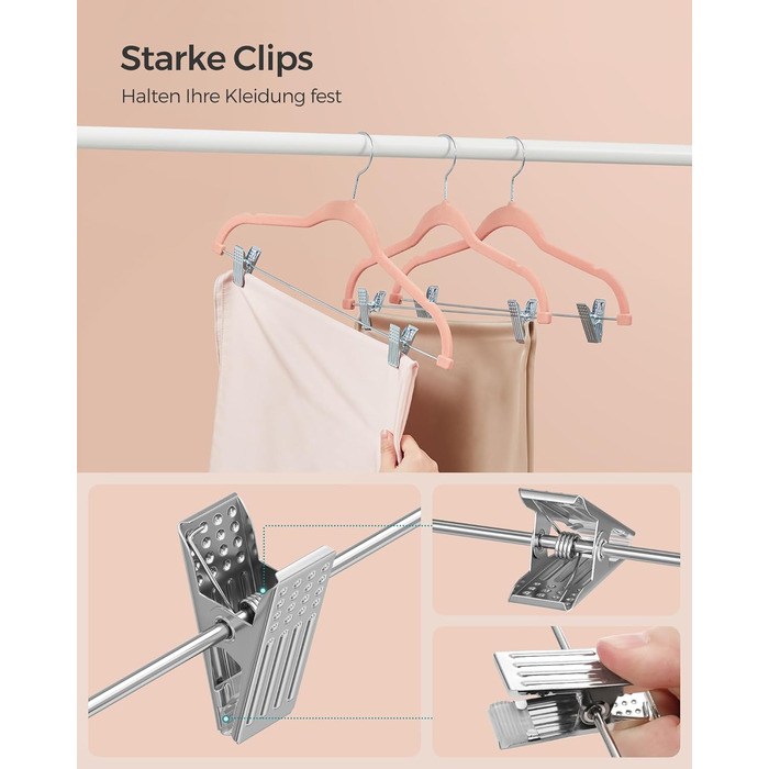 SONGMICS Velvet Clothes Hangers, 10-Piece Set, Skirt Hanger, 42.5 cm wide, with adjustable clips, non-slip, space-saving, for pants, coats, dresses, Light Pink CRF012R10