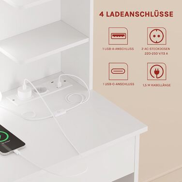 Туалетний столик WOLTU з LED-підсвіткою, дзеркалом, 2 USB-портами, 2 шухлядами та 4 відкритими полицями, білий, для макіяжу і спальні