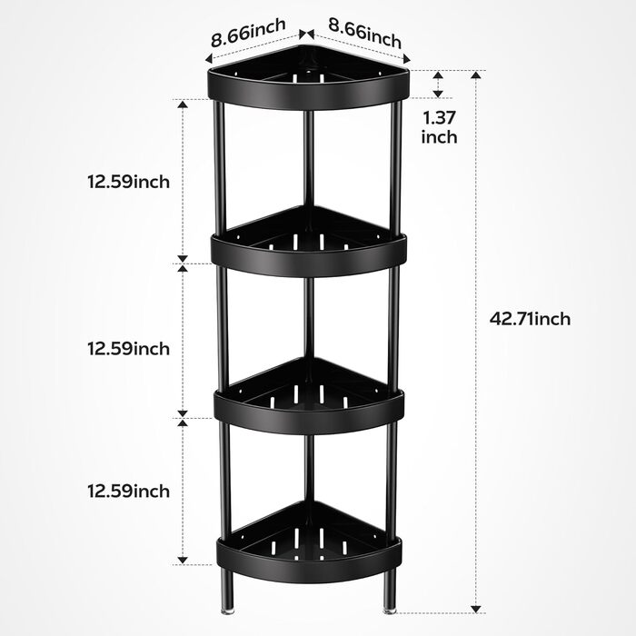 Поличка для душу Nieifi без свердління, кутова, з нержавіючої сталі, 4 яруси, чорна