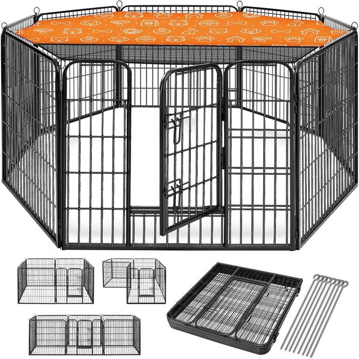 ТресКо® вольєр для цуценят 60 см, з дахом та анкерами | Вольєр для собак 8-секційний | Розкладний вольєр для собак з дверцятами | Збірка без інструментів | Вольєр для тварин, стійкий до погодних умов 77 x 60 см