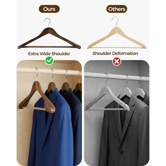 Набір дерев'яних вішалок Premium з широкими плечима (6 шт.) з обертовими гачками | Для пальто, курток, суконь | Натуральне дерево, вінтажний стиль
