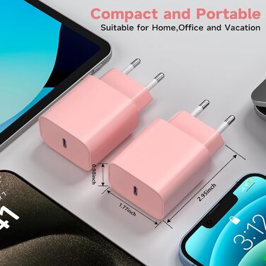 Зарядний пристрій USB-C 20W з кабелем Type-C 2м для iPhone 16/15/Pro/Air (Рожевий) - 2 шт.