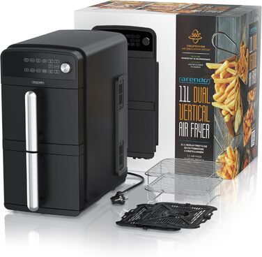 Фритюрниця Arendo з гарячим повітрям XXL Dual Zone, 11 літрів, 2400 Вт, 2 зони, 3в1, 8 сенсорів, без PFAS BPA, 2 решітки, 3D циркуляція повітря, подвійний рівень, тип 1