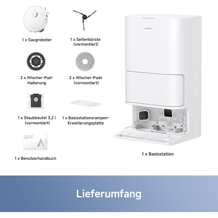 Робот-пилосос Mova E40 Ultra з функцією миття, автоматичним очищенням та потужністю 19000 Па, MaxiReach-моп, бічні щітки, вбудований резервуар 80 мл, станція самоочищення на 75 днів