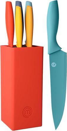 MasterChef 5-Piece Knife Block Set - Stainless Steel Kitchen Knife Set with Chef's Knife, Santoku, Bread Knife, Utility Knife, and Vegetable Knife - Sharp, Black Soft-Touch Handles