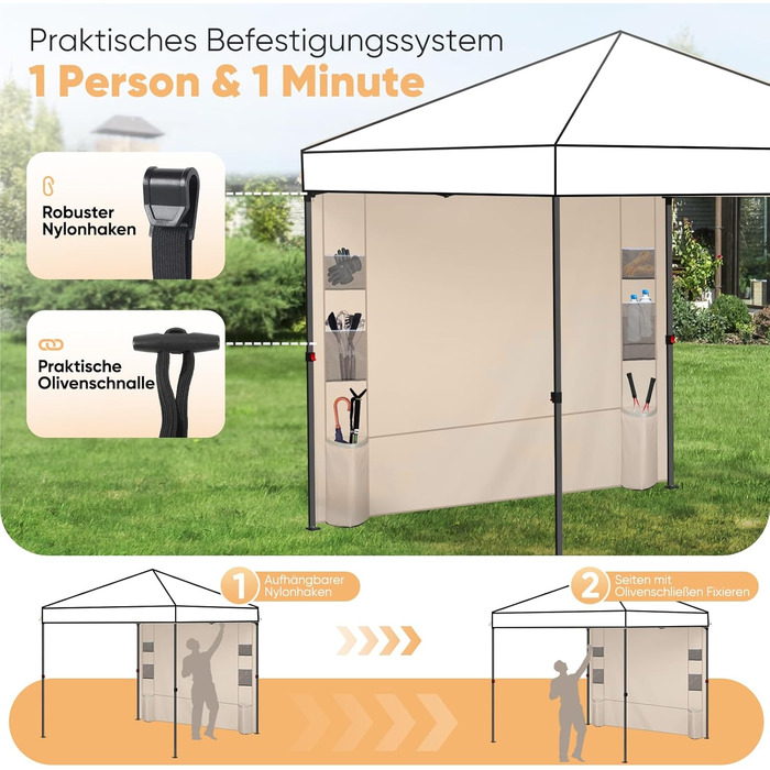 Sekey 1PCS Side Walls for Gazebo 3x3 Waterproof and Winterproof with Storage Compartments, Side Walls for Gazebo Party Tent Garden Tent 3x3m, (Khaki, 1 Multifunctional)