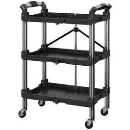 HOMCOM 3-Tier Rolling Tool Cart, Folding Tool Wagon with Handle, Assembly Cart Workshop Cart for Warehouse, Garage, Load Capacity up to 68 kg, Black | Aosom