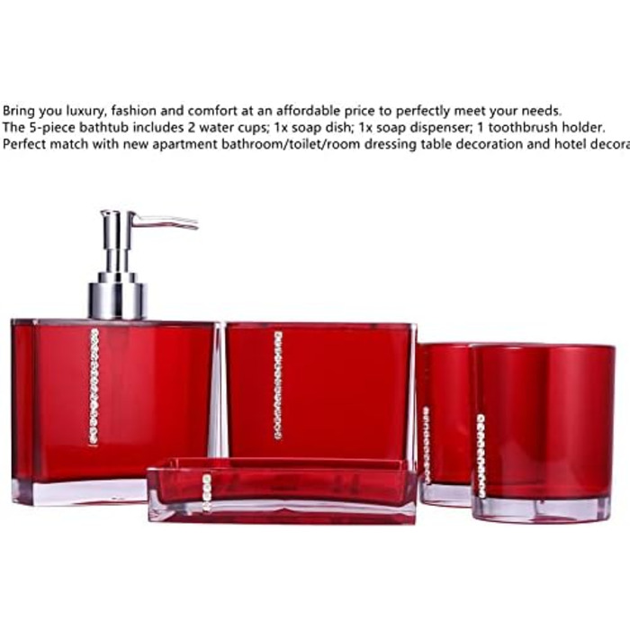 5-Piece Bathroom Accessories Set includes emulsion bottle, toothbrush holder, 2 rinsing cups, soap dish, plastic gift bath set, white (Red)