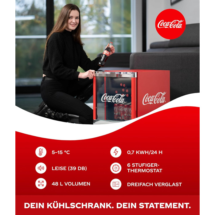 Міні-холодильник °CUBES Coca-Cola 48L з скляною дверцятами - для офісу, вечірок та геймінгу
