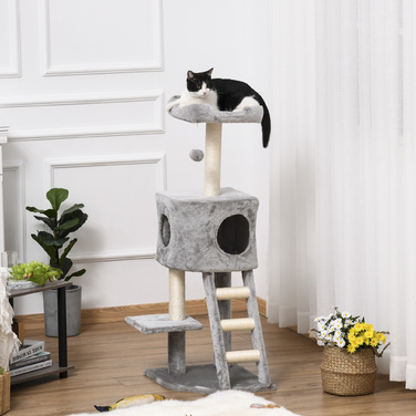 PawHut Дряпка-стовпчик стабільний з котячою печеркою та сходами 60 x 48 x 122 см для кошенят з сизалю в світло-сірому кольорі