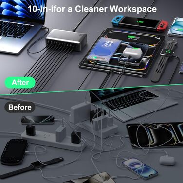 Зарядний пристрій USB-C 620W Gan: 10 портів (7xUSB-C + 3xUSB-A) для швидкої зарядки ноутбуків, iPhone, Samsung Galaxy, MacBook Pro/Air, Dell