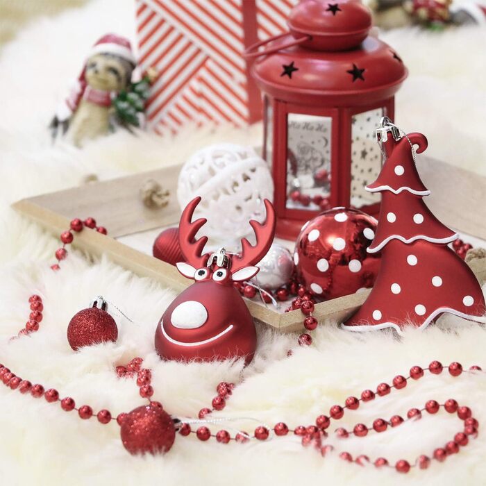 Набір ялинкових прикрас Victor's Workshop 92 шт. – пластикові кулі, червоно-білі, з оленями для декору ялинки та святкування