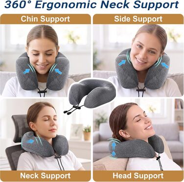 Подушка для подорожей Kobete з ефектом пам'яті (Memory Foam) для шиї в літак, авто та потяг, сіра — набір з 3D-маскою для сну, берушами та сумкою