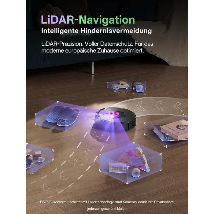 Робот-пилосос Vexilar з функцією миття підлоги, 8000Pa, LiDAR-навігація, 150 хв роботи, 15 зон заборони, керування через додаток, для шерсті тварин та килимів (W15)
