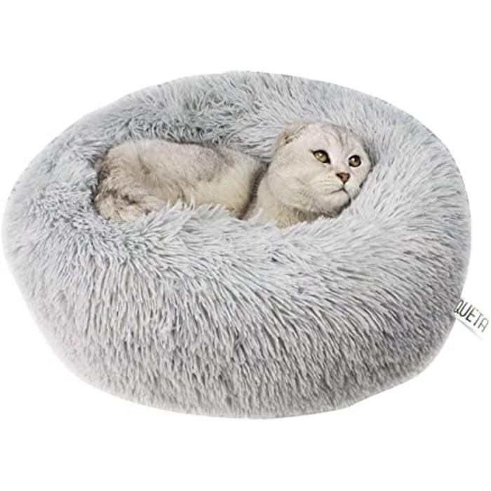 Кішечка Queta: зручне ліжко для кота та маленької собаки, м'яке, плюшеве, кругле, 60 см, світло-сірий