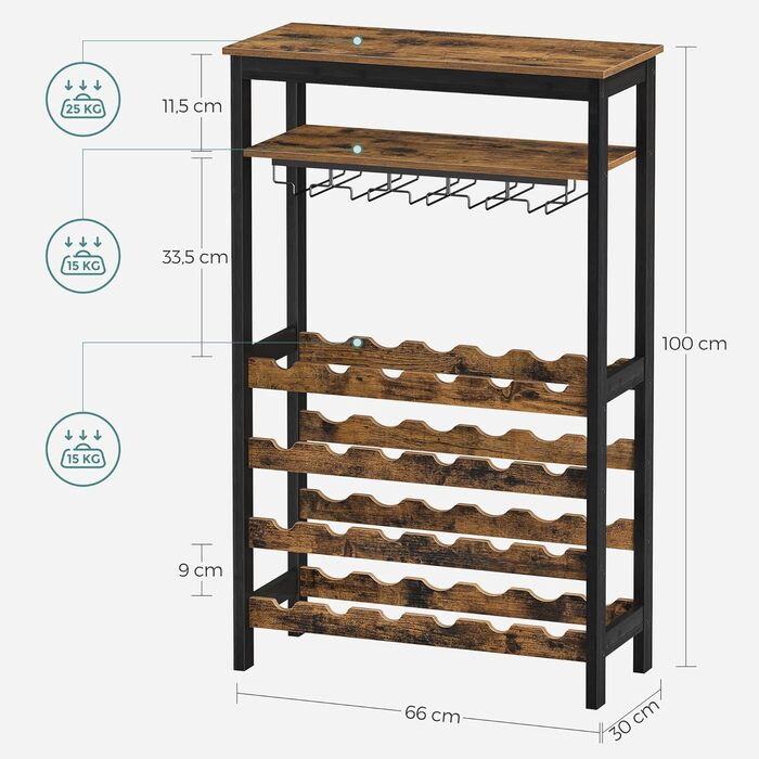 SONGMICS Wine Rack, for 24 Wine Bottles, Freestanding, Bottle Rack with Glass Holders, for Kitchen, Bar, Dining Room, vintage brown-black KWR028B01