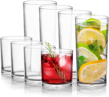 Zulay Unzerbrechlich Plastic Drinking Glasses, 8 Pack, Transparent, 4 each: 340 ml and 473 ml, Acrylic Cups for Kitchen – Unbreakable, BPA-free, Dishwasher Safe, Plastic Glasses Set