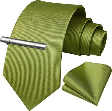 HISDERN Комплект краватки, нагрудного хустинки та краватки-затискача для чоловіків на весілля, однотонні, різні кольори, універсальний розмір (Оливковий)
