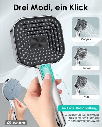 Економний душовий насадок з діаметром 135 мм, ручна лійка з антинакипною функцією, силікон харчового класу, економія води 43%, AirMix, 3 режими, хром (без шланга)