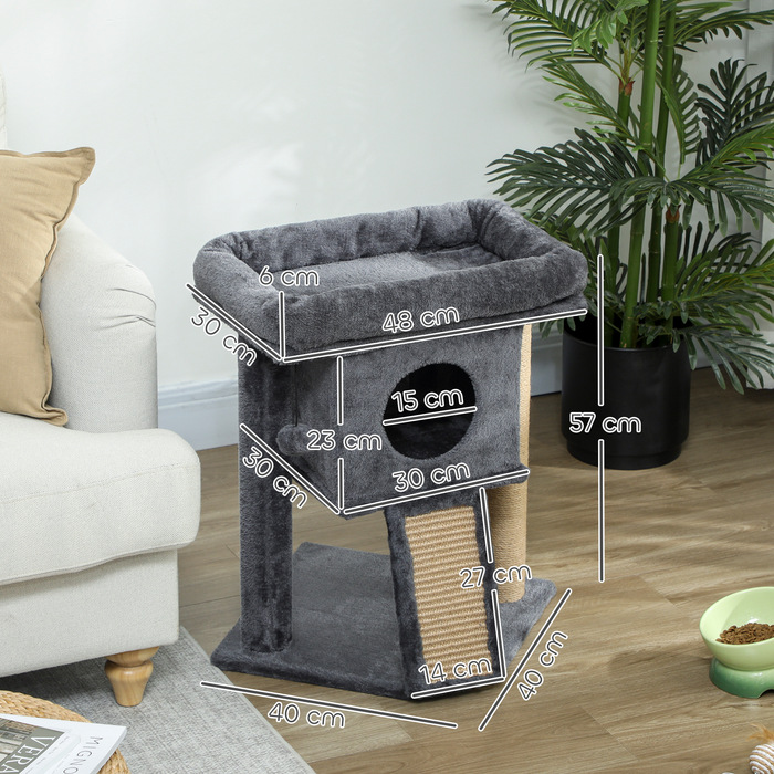 PawHut Cat Tree with Jute Scratching Mat, Lounging Platform, Play Ball, Cat House, Beige, 40 x 40 x 57 cm