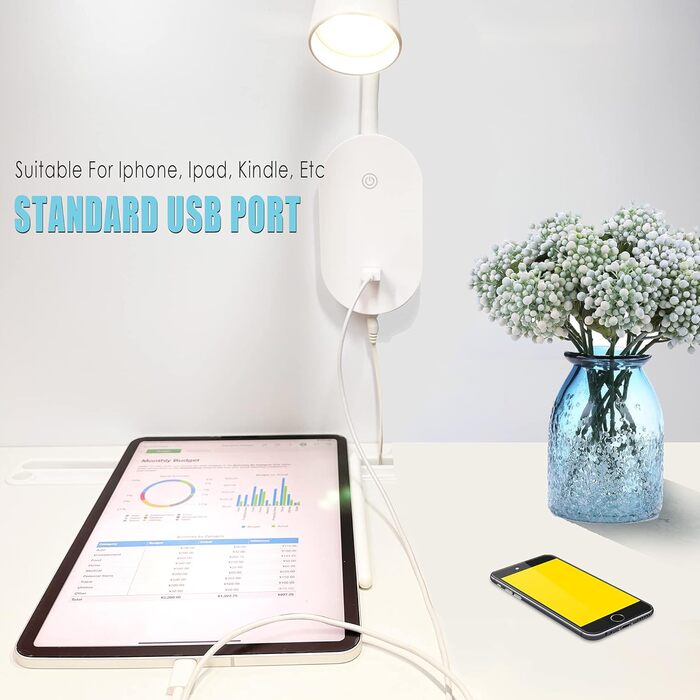 Нічник-лампа для читання Wandleuchte з USB, 5 рівнів яскравості, сенсорне керування, гнучкий кронштейн, білий