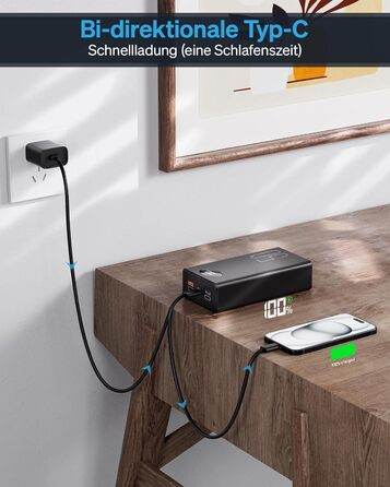 Портативний повербанк 50000 мАг з 5 виходами та 2 входами, швидка зарядка 22,5 Вт, ліхтарик, чорний