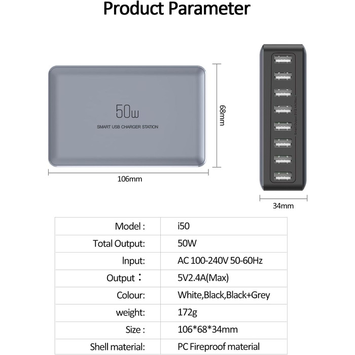 Зарядний пристрій USB 50W мережевий адаптер 8 портів для iPhone 15/14/13/12 Pro Max, iPad, Samsung, Google Pixel - Чорний