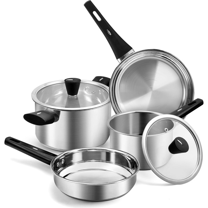 Набір каструль 6-ти частинний з нержавіючої сталі для індукційних плит, Cookware Set, без антипригарного покриття, сумісний з усіма типами плит, з кришкою та захистом від опіків, придатний для миття в посудомийній машині