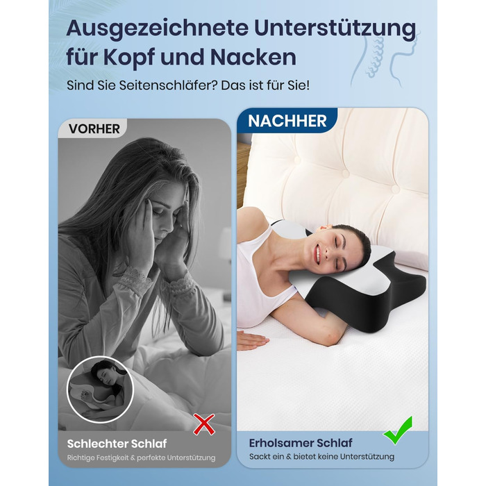 Подушка для шиї DONAMA для сну, ергономічна подушка для тих, хто спить на боці, спині та животі з знімним та пральним чохлом (Чорно-біла, 66x37x13 см)