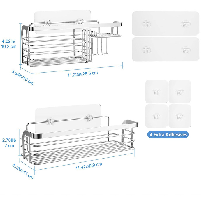 Двосекційна самоклеюча поличка для душу з нержавіючої сталі, органайзер для шампуню та кондиціонера, сріблястого кольору