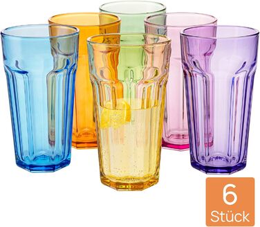 Gigi Rainbow Blast Mix Large Drinking Glasses 700 ml Cocktail Glasses, Set of 6 Iced Coffee Glasses, Large Long Drink Glasses XXL Colorful Glasses Lemonade Glasses Juice Glasses Smoothie Glasses