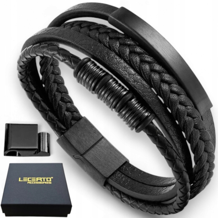 Чоловічий шкіряний браслет Lecerto, чорний, регульований (22 см) з гравіюванням