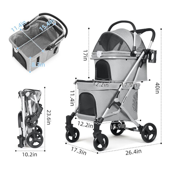 Beberoad Розкладний візок для собак та котів, 2-ярусний, чорний/сірий