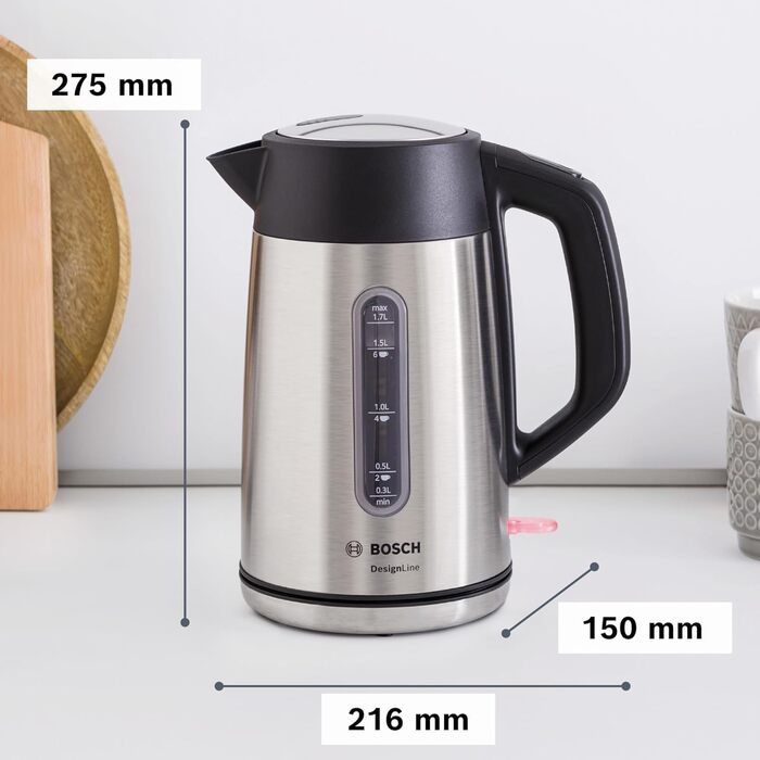 Електричний чайник Bosch DesignLine TWK4P440, 1.7 л, нержавіюча сталь/чорний, з індикатором рівня води та захистом від перегріву
