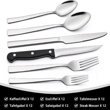 Набір столових приборів Terlulu на 12 осіб (72 шт.) з нержавіючої сталі, з ножами для стейка. Столовий набір з виделкою, ложкою та ножем. Елегантний столовий прилад для дому, ресторану, вечірки. Можна мити в посудомийній машині, квадратні краї.