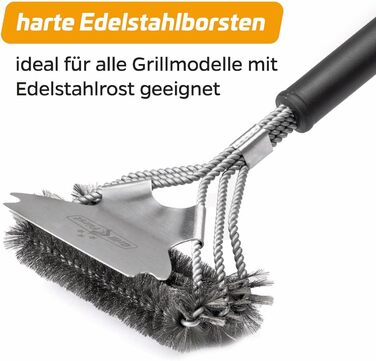 3X Grillfürst Premium Grill Brush with Brass Bristles, 45 cm - Grill Cleaning Brush for Grill Grates, Grill Grate Brush with Wide 3-Section Brush Head and Scraper (Stainless Steel with Scraper)