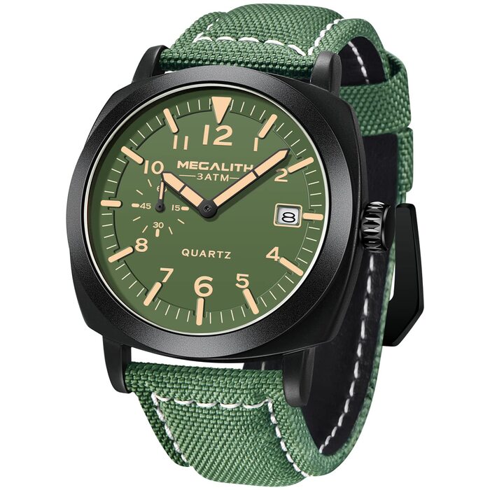 MEGALITH Годинник чоловічий Military Sport Outdoor, водонепроникні з шкіряним ремінцем, сталевий корпус, велике циферблат, з підсвічуванням, календар, дата, кварцові, чоловічі годинники