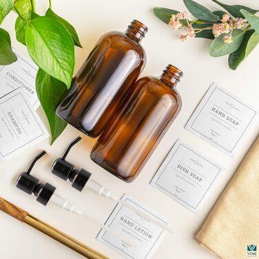 Bernstein Glass Soap Dispensers, 2 Pack, Thick 473 ml Bottles, Stainless Steel Pump, Modern Farmhouse Vintage Glass, Kitchen, with Waterproof Labels (Round Oiled Bronze)