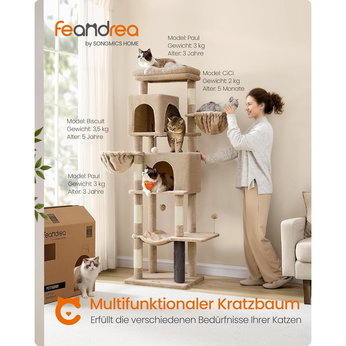 Дерево для котів Feandrea, 175 см, XL, багатоярусне з 2 будиночками, 2 лежаками, 5 стовпчиками для шліфування, щіткою для котів, великою платформою, PCT182G01 (XL, пісочно-коричневий)
