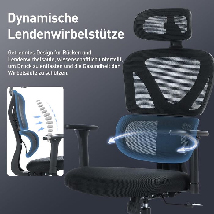 Коламі - Ергономічне крісло для офісу та дому, чорне, з регульованою підголівником та підлокітниками