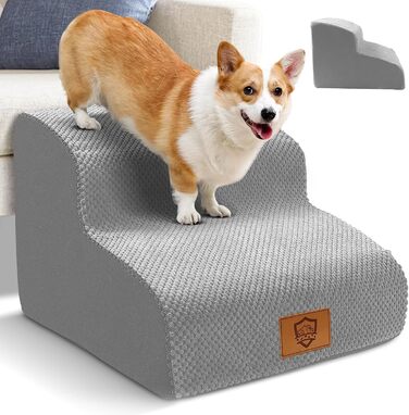 Myiosus Dog Stairs for Bed, 2-Step Foam Pet Stairs for Sofa with Removable Waterproof Cover, Non-Slip Dog Ramp Ladder for Small Dogs and Cats, 40 x 40 x 30 cm, Black (Grey Dog Stairs)