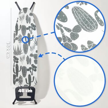 Покриття для прасувальної дошки KADAX з шнурком, бавовняне покриття для прасувального столу, підходить для парових прасок, замінне покриття для прасувальної дошки з м'яким шаром (кактуси 132x48)